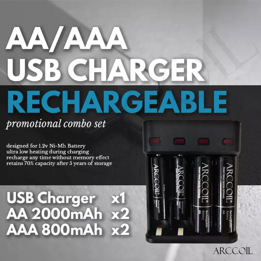 Arccoil™ Ni-MH AA/AAA Rechargeable Batteries 4 Slots LED LCD USB Battery Charger