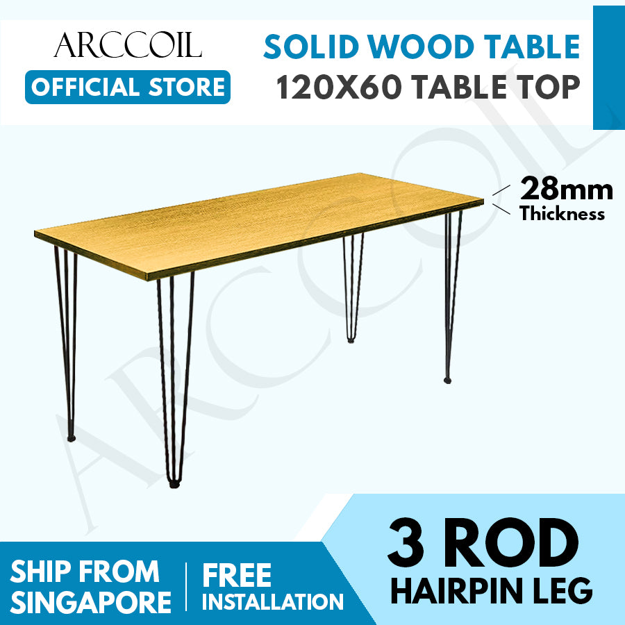 Arccoil Home - [MIX & MATCH] SOLID WOOD Table with Modern 3 Rod Hairpin Legs [50 X 80] [60 X 120]